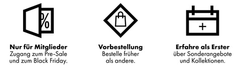 Three black-and-white icon banners with German text for membership and pre-order promotions, set against a white background.