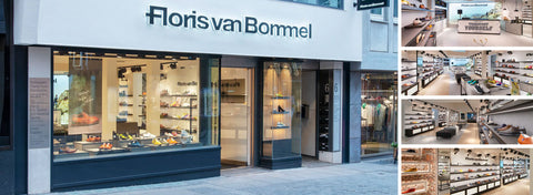 Floris van Bommel store exterior and interior with shoes on display