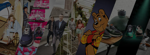 A dark, wide promotional collage featuring multiple fashion and footwear scenes: models walking in an outdoor street setting, close-up views of sneakers, a pink patterned textile, a cartoon bear character, and shoes displayed on a table. The image is heavily stylized and low-light, with no single clearly isolated product.