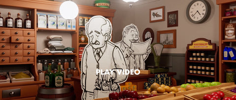 A vintage-style illustrated scene inside a shop or apothecary room, with wooden shelves, bottles, framed wall art, a clock, and produce in the foreground. A large black-and-white line drawing of two men stands in the centre, with the text 'PLAY VIDEO' overlaid across the lower middle. Flois van Bommel