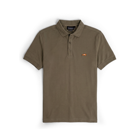 Floris van Bommel. A short-sleeve polo shirt in a muted olive-brown colour, featuring a small embroidered logo on the left chest. The shirt is displayed flat against a clean white background.