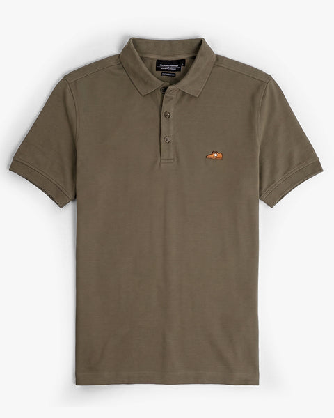 Floris van Bommel. A short-sleeve polo shirt in a muted brownish-grey colour, featuring a three-button placket and a small embroidered logo on the left chest, displayed against a light grey background.