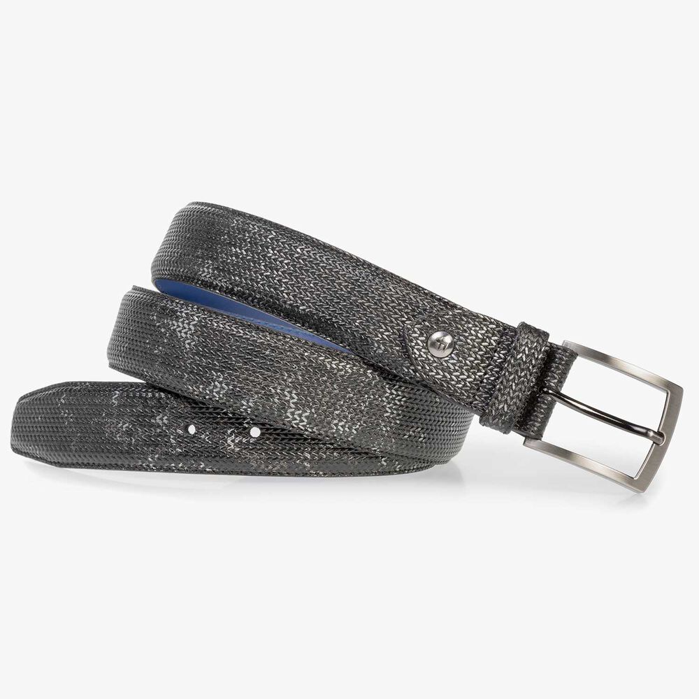Dark grey leather belt with metallic print