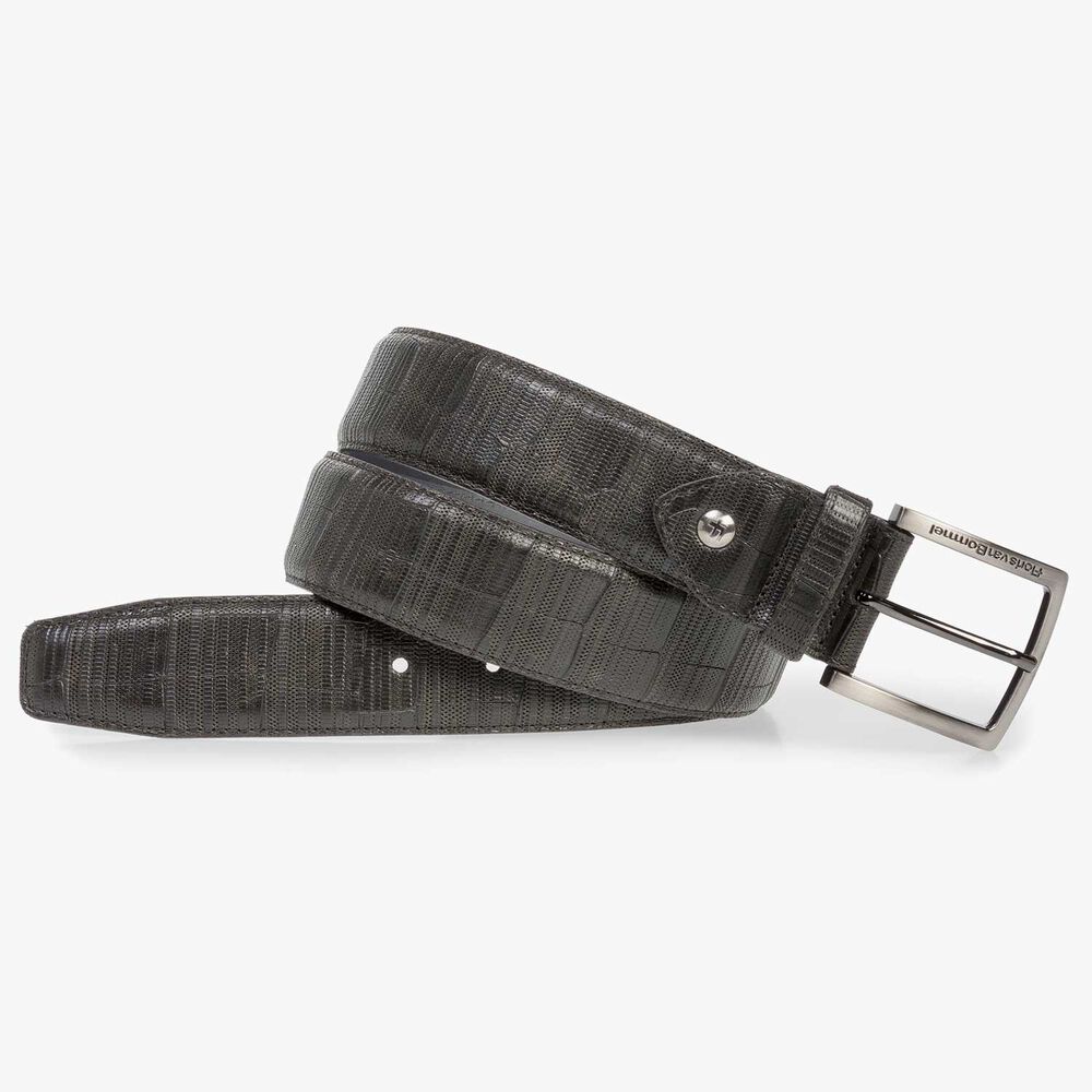 Dark green leather belt with print