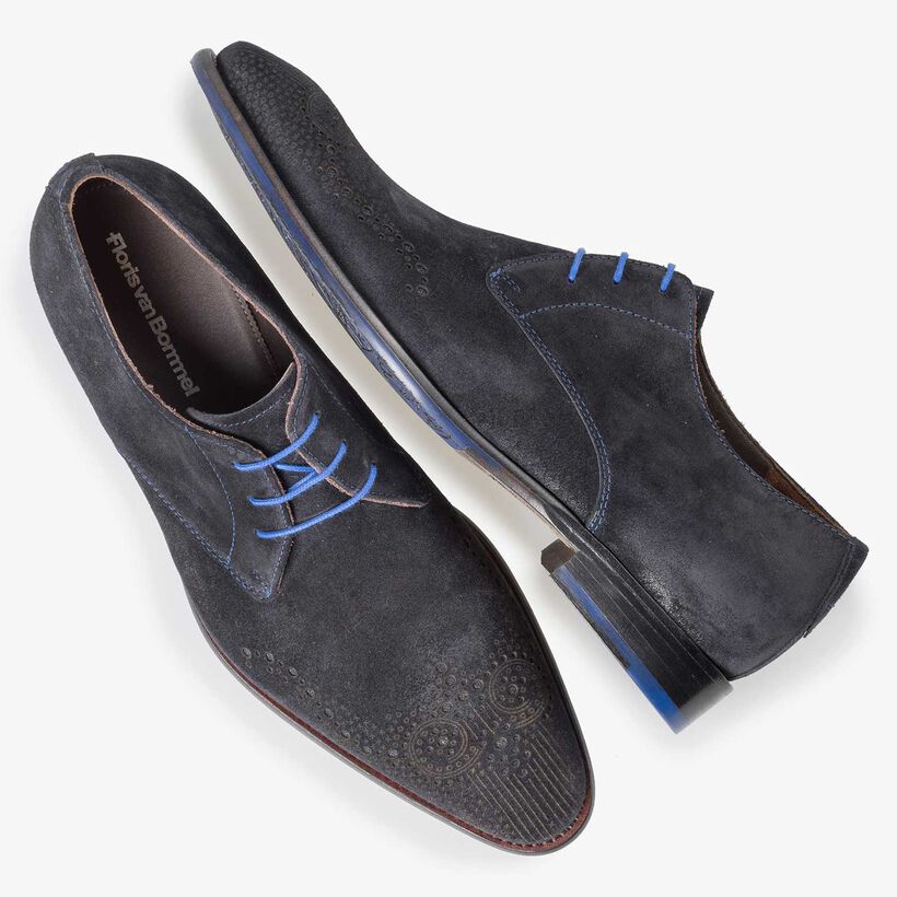 Blue suede leather shoe with brogue perforations