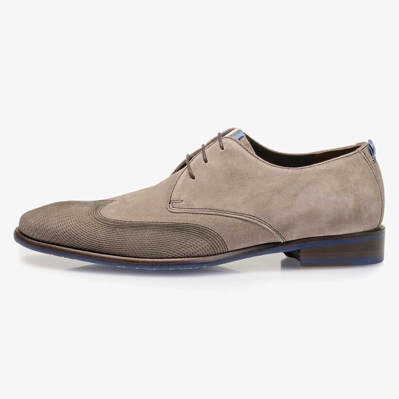 Taupe-coloured calf suede leather lace shoe with a laser-cut pattern