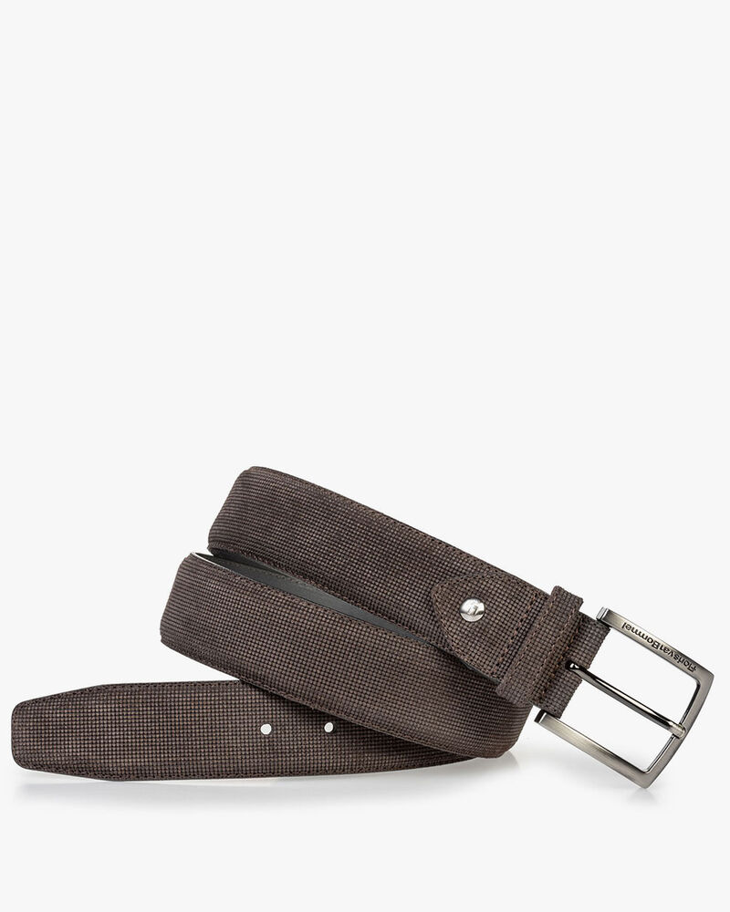 Suede leather belt brown with print