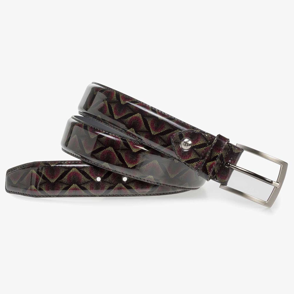 Burgundy red patent leather belt with print