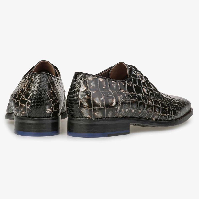 Grey-black leather lace shoe with croco print