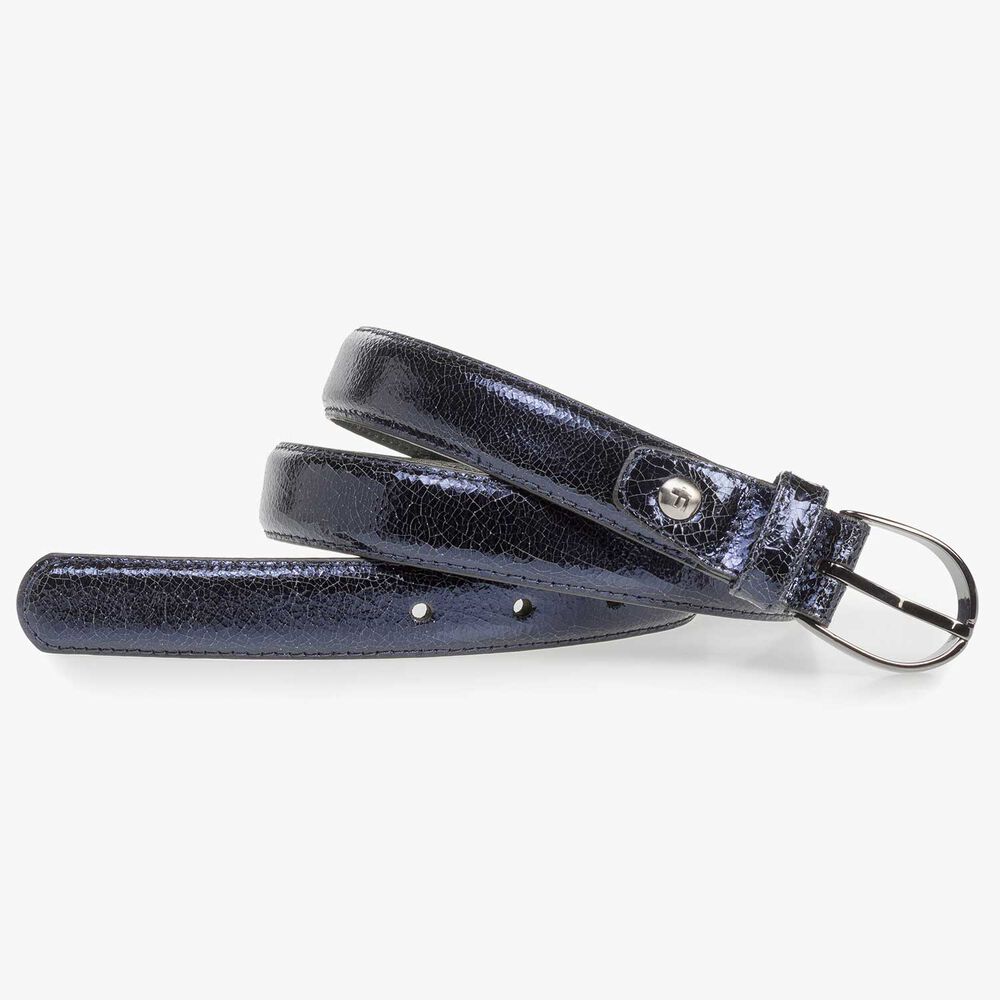 Dark blue leather belt with metallic print