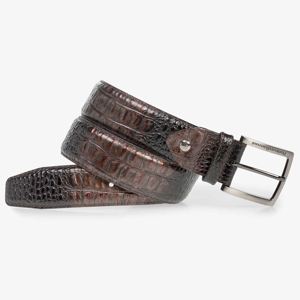 Leather belt with bronze-coloured croco print