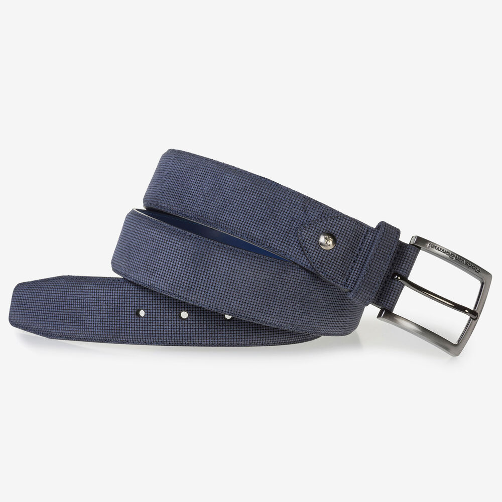 Blue suede leather belt with print