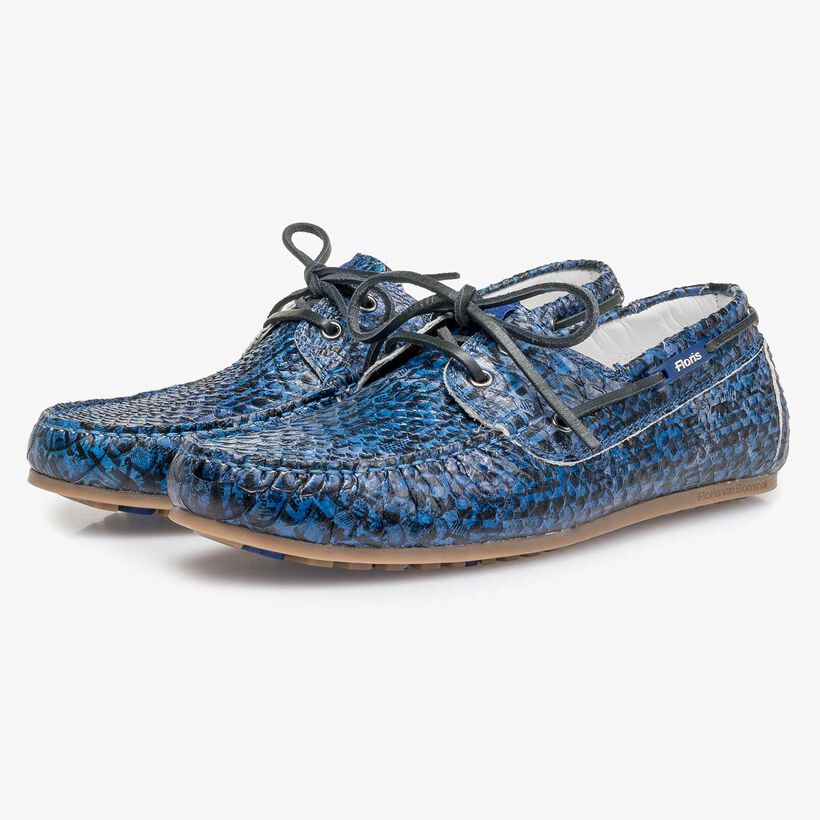 Blue snake print calf leather sailing shoe
