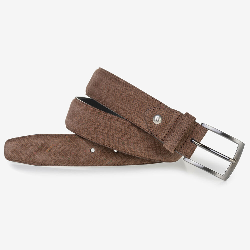 Cognac-coloured suede leather belt with print