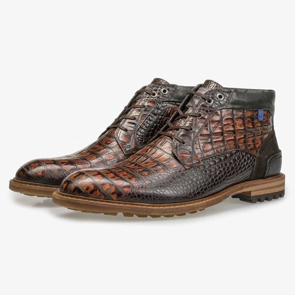 Mid-high brown leather lace boot with croco print