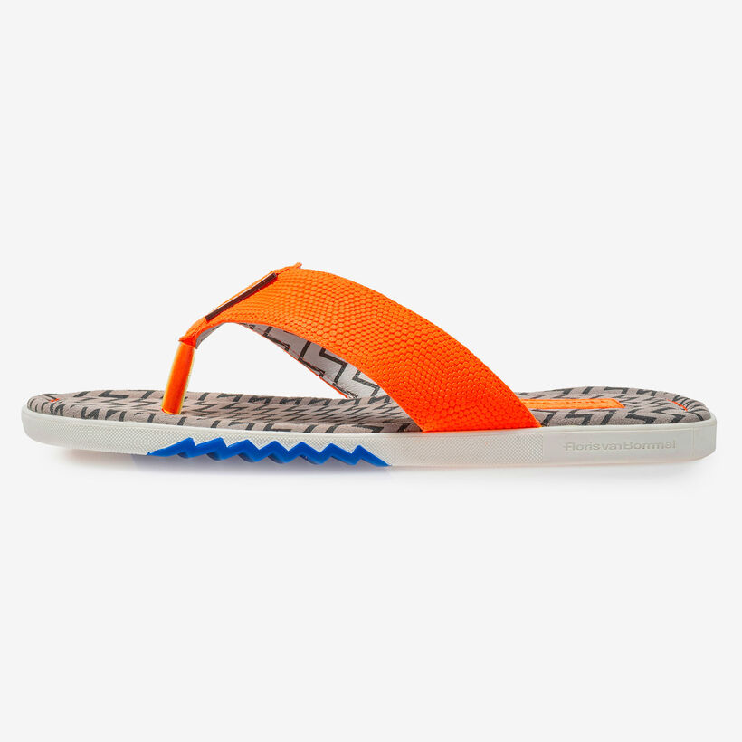 Orange suede leather thong slipper with print