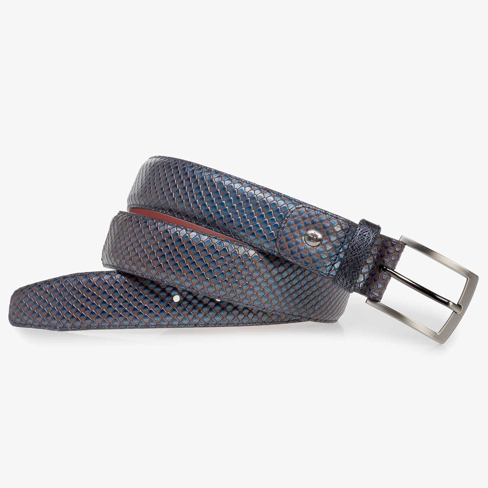 Premium blue calf leather belt with metallic print
