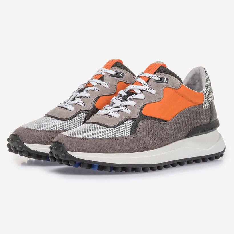 Grey suede leather sneaker with orange details