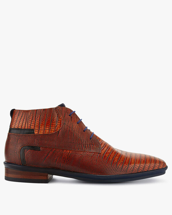 Schnürstiefel Leder mit Print cognac