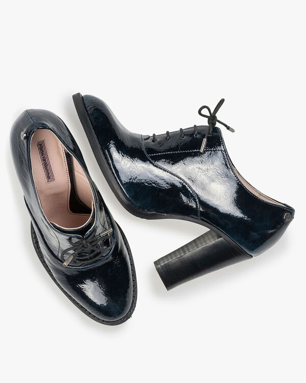Blue patent leather heeled derby