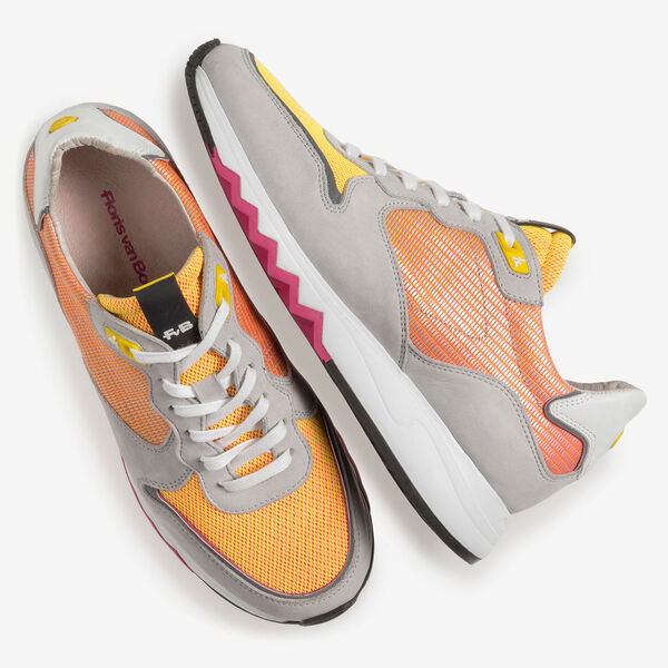 Grey leather sneaker with orange and yellow details