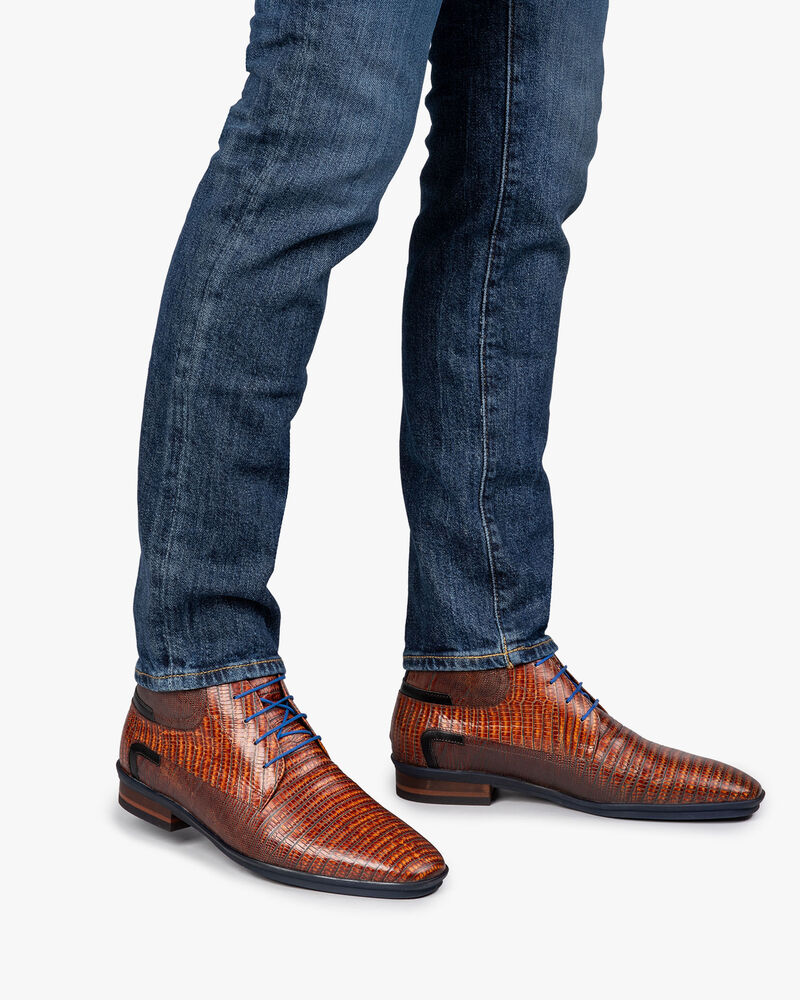 Schnürstiefel Leder mit Print cognac