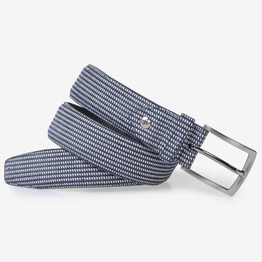 Blue suede leather belt with white print