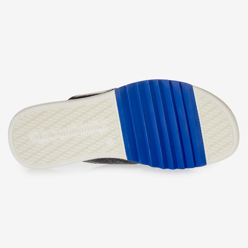 Dark blue nubuck leather cross strap slipper with print
