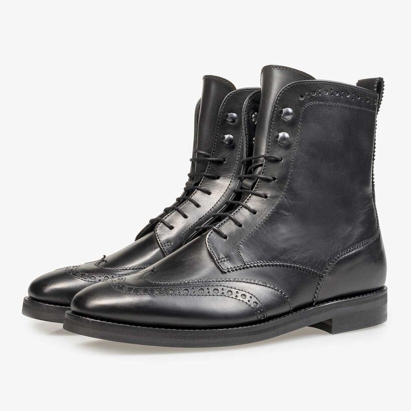 Black calf leather biker lace boot
