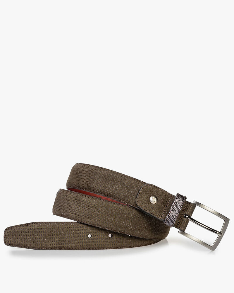 Suede leather belt dark green with print