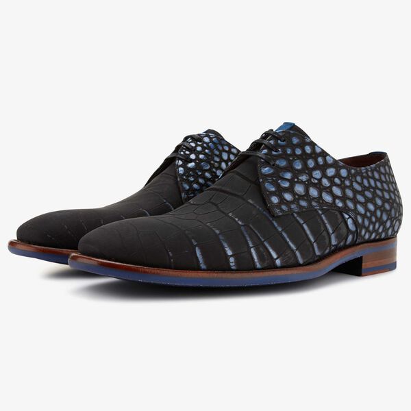 Floris van Bommel Herren Premium schwarzer Schnürschuh mit Krokodil Aufdruck