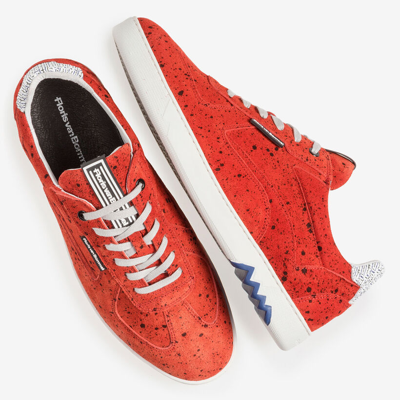 Red suede leather sneaker with black print