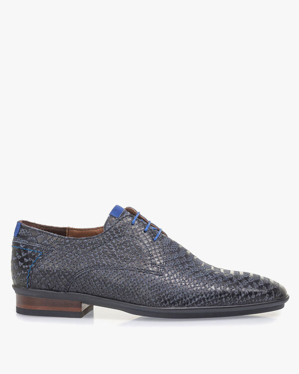 Dark blue nubuck leather lace shoe with snake print