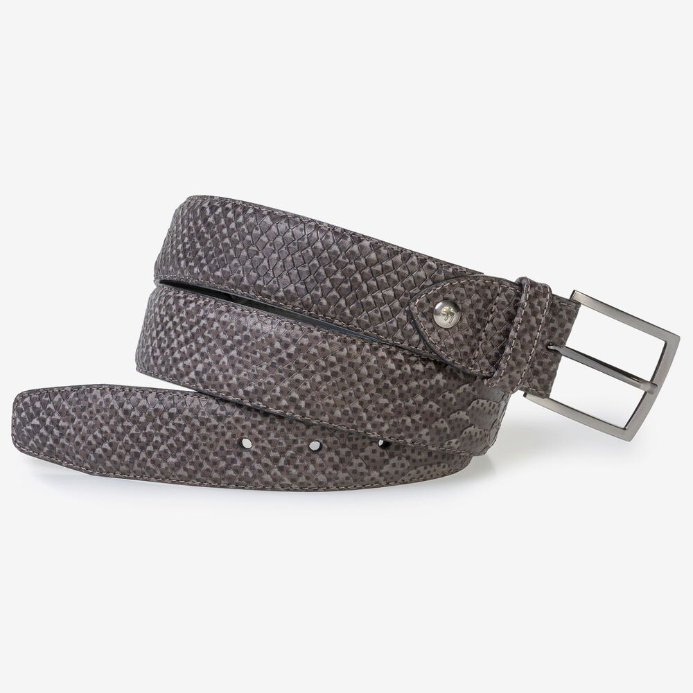 Dark grey leather belt with snake print