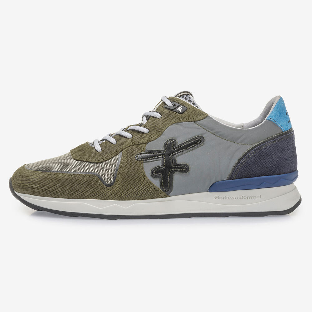 Olive green suede leather sneaker with print