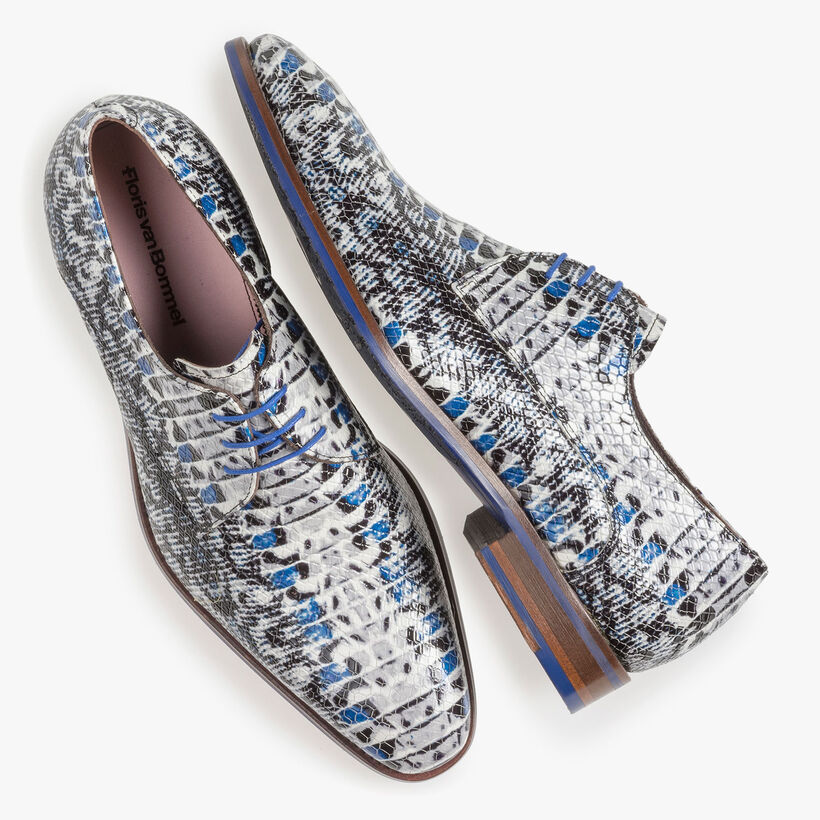 Blue patent leather lace shoe with snake print