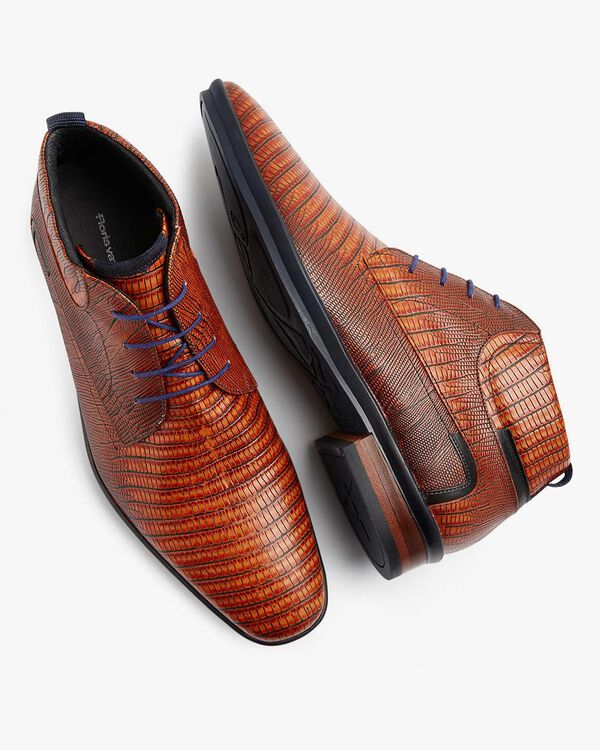 Schnürstiefel Leder mit Print cognac