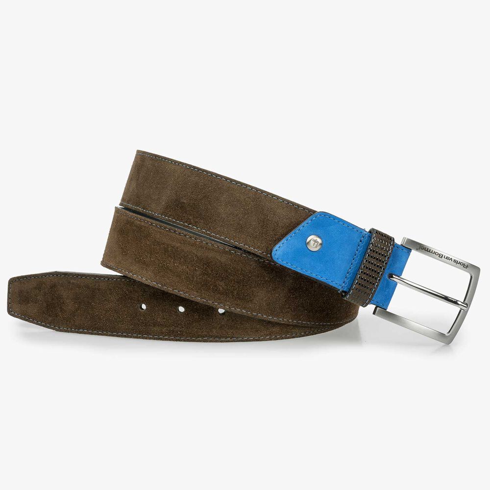 Olive green suede leather belt with a black pattern