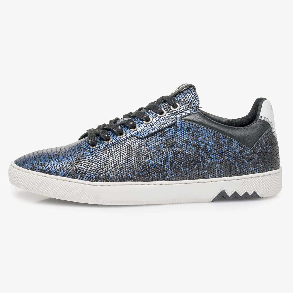 Blue premium leather lace shoe with metallic print