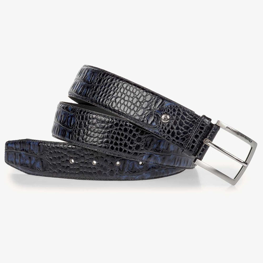 Blauer Leder-Gürtel mit Kroko-Print