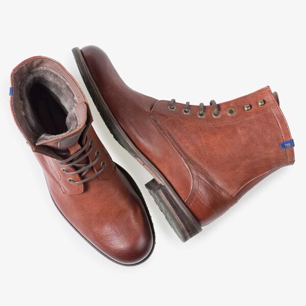 Wool lined cognac-coloured leather lace boot