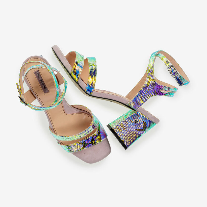 High-heeled leather sandals with green/gold metallic print