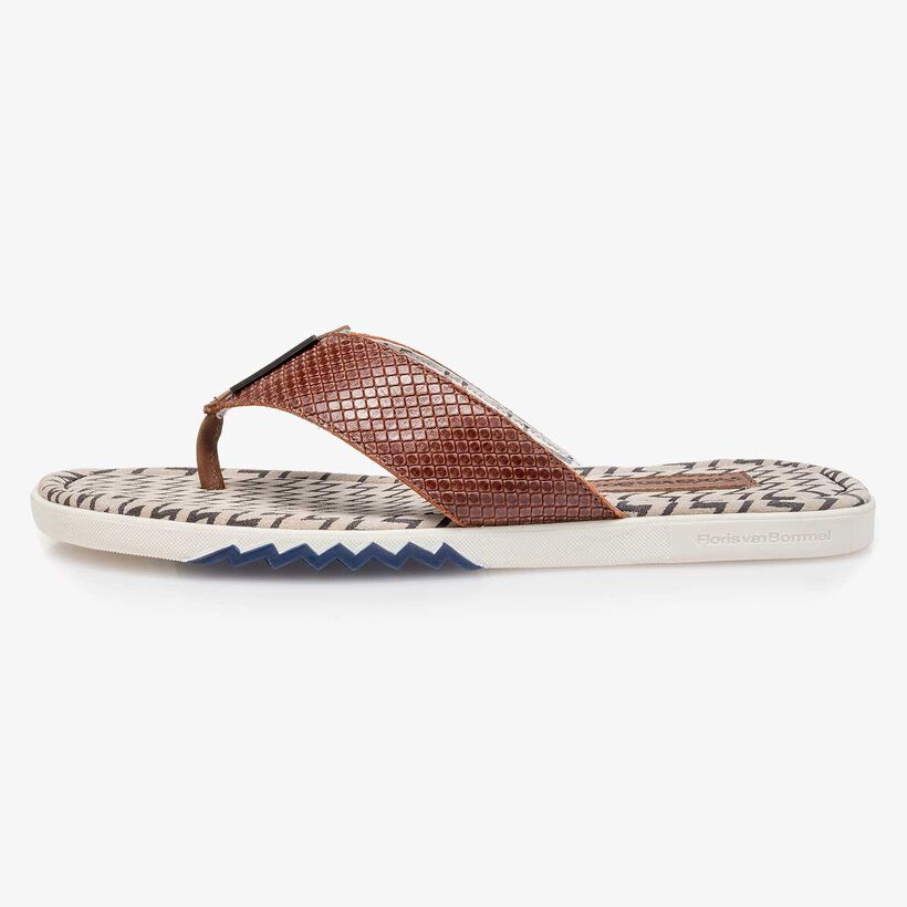 Cognacfarbener gemusterter Leder-Zehenslipper