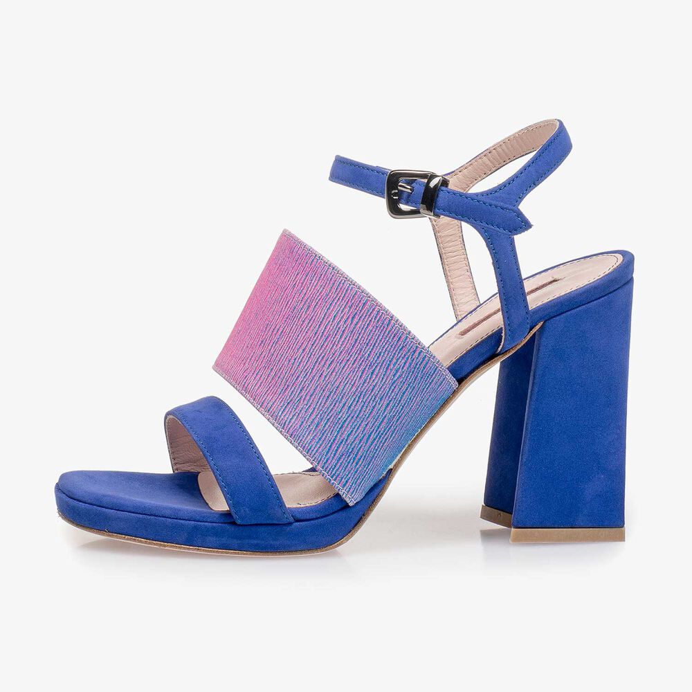 Blue high-heeled suede leather sandal with print