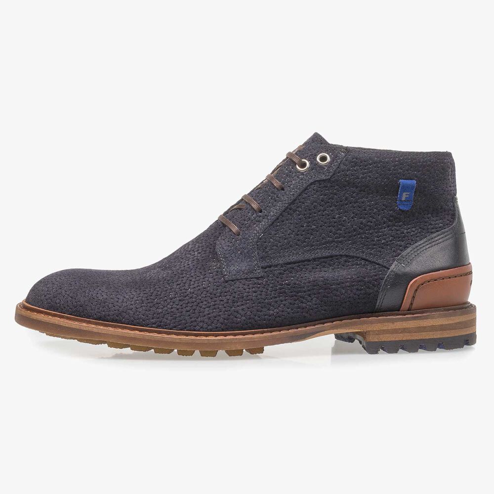 Dark blue printed suede leather lace boot