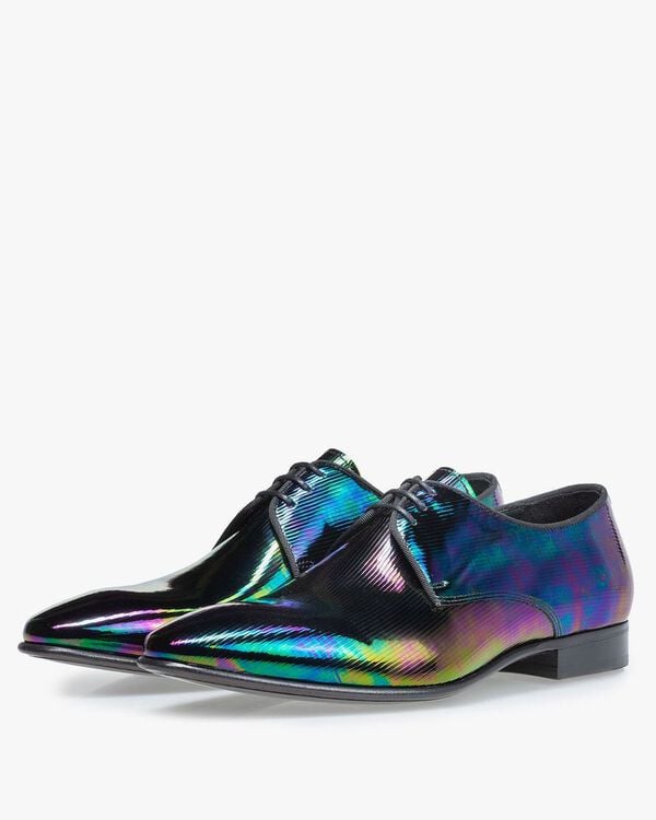 Lace shoe multi-colour patent leather