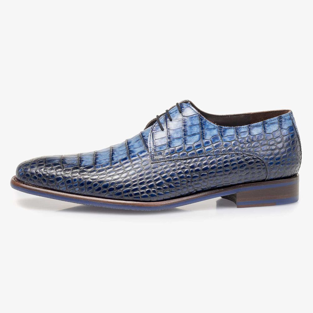 Blue croco print calf leather lace shoe