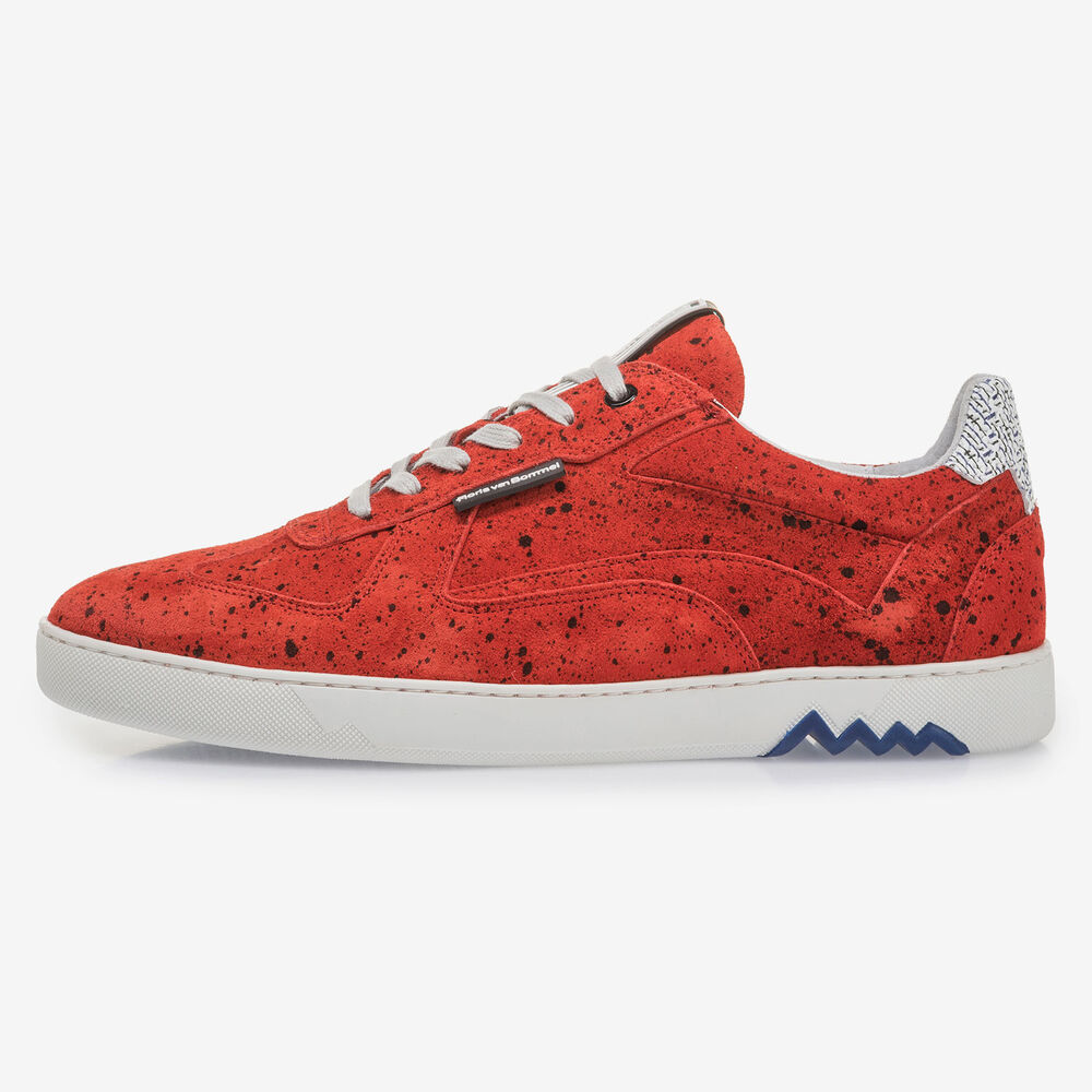 Red suede leather sneaker with black print