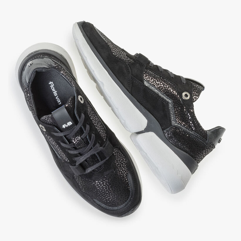 Black suede leather sneaker with metallic print