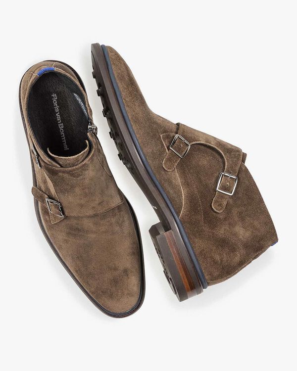 Taupe Monk-Schnallenschuh Wildleder